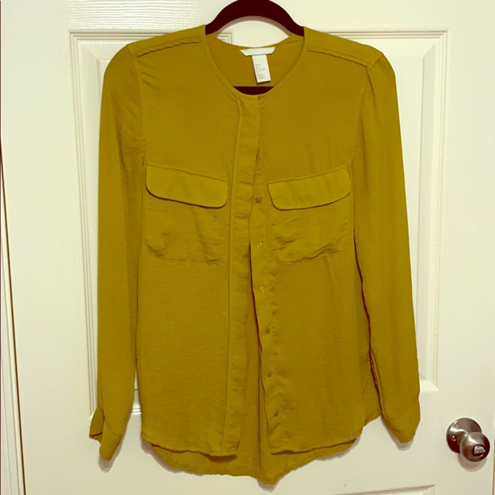 Mustard colored silky button blouse